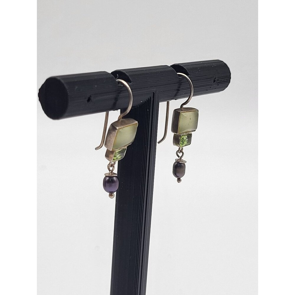 VTG 925 Sterling Silver Earrings Dangle Drop Green Gemstones Pearl Dainty - Picture 4 of 8